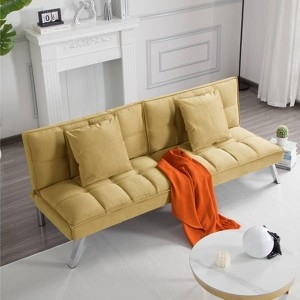 Wheat Velvet Sleeper Loveseat Sofa with Button Tufting and Square Arms