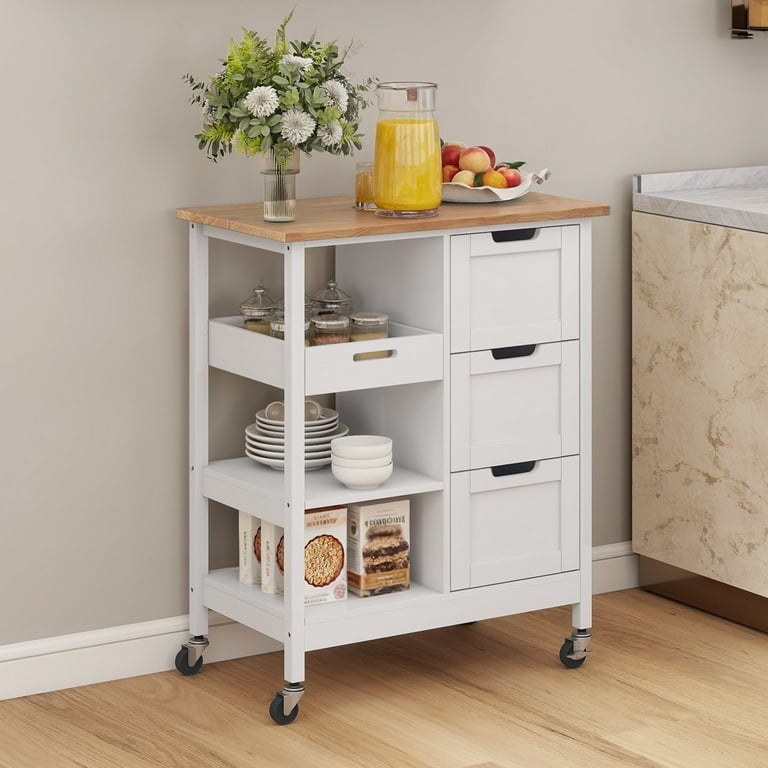 White 3-Tier Kitchen Island Cart With Wood Top And Slatted Shelves