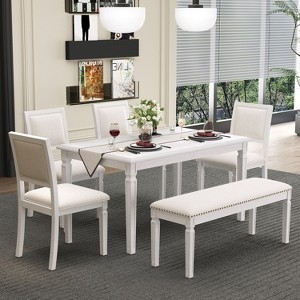 White 6-Piece Dining Set with Extendable Table, Bench & X-Back Chairs