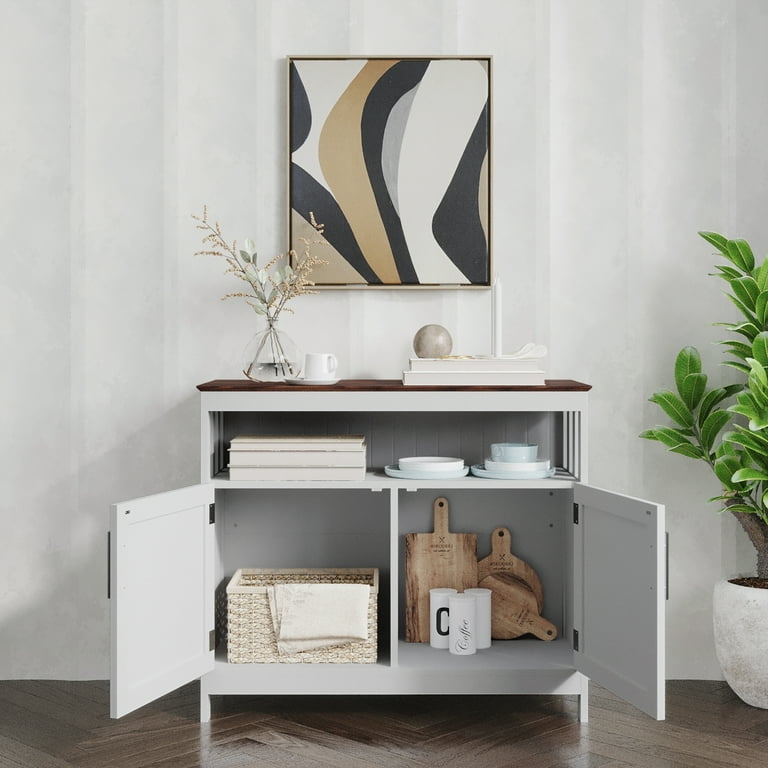 White and Walnut Sideboard with Open Shelf Display, Modern Farmhouse Style