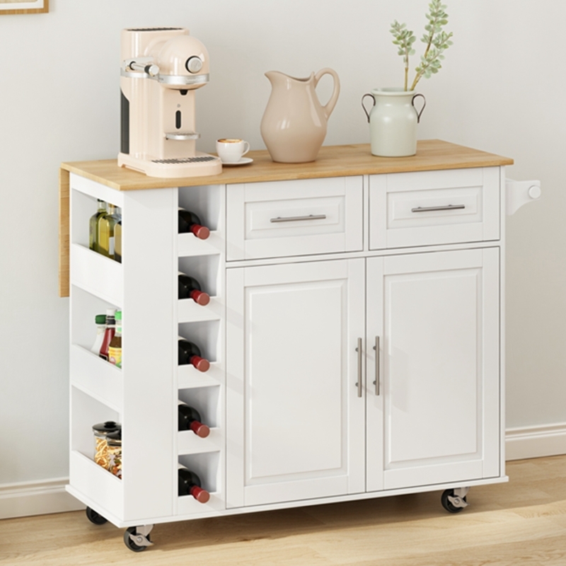 White and Wood Kitchen Cart featuring Storage Drawers and Drop Leaf