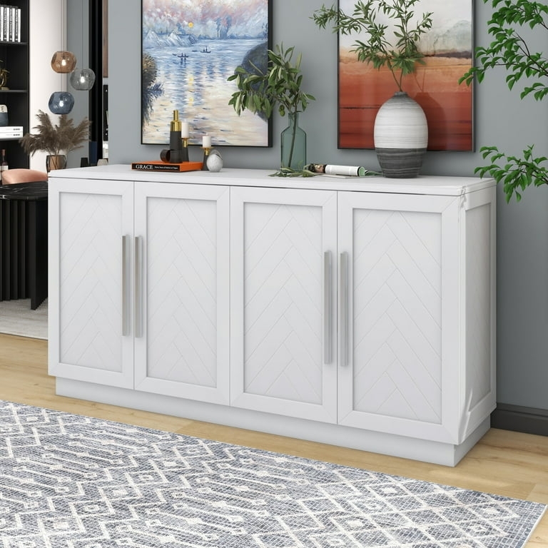 White Buffet Cabinet with Recessed Panels and Silver Handles