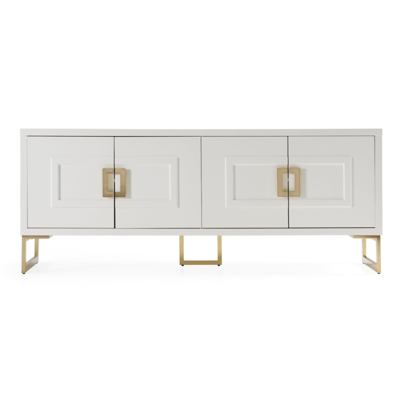 White Buffet High-Gloss Finish Champagne Gold Geometric Trim