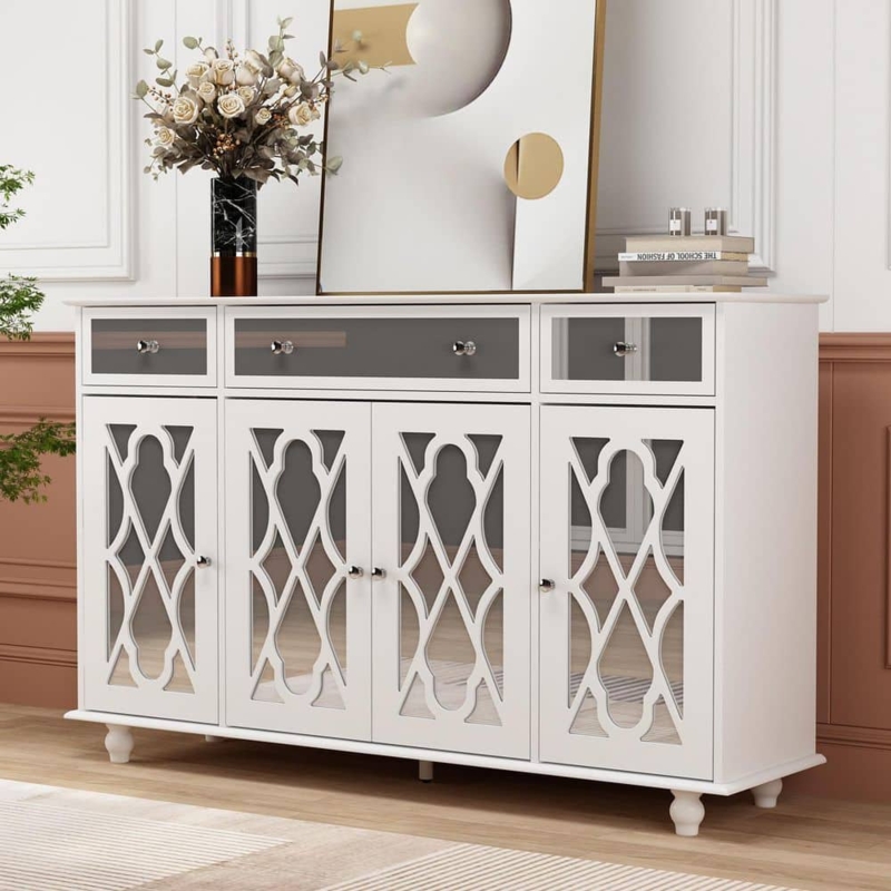 White Cabinet with Mirrored Doors and Three Central Drawers