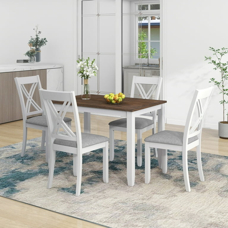 White Farmhouse Dining Set Two-Tone Finish X-Back Chairs