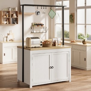 White Farmhouse Kitchen Cart with Slatted Shelves & Side Hooks