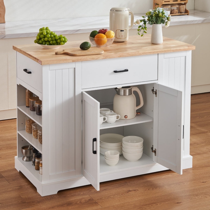 White Farmhouse Kitchen Island Cart Shaker Paneling Drop Leaf