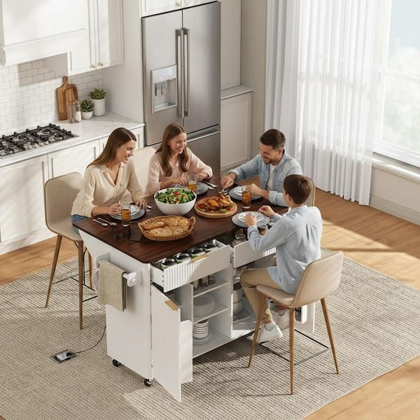 White Farmhouse Kitchen Island Cart with Built-in Outlets and Rolling Casters