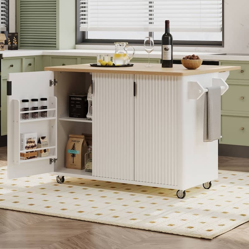 White Farmhouse Kitchen Island Storage With Fluted Doors