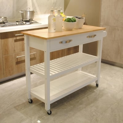 White Farmhouse Kitchen Island with Butcher Block Top and Cup Pulls