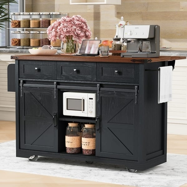 White Farmhouse Kitchen Island with X-Brace Barn Doors and Drop Leaf
