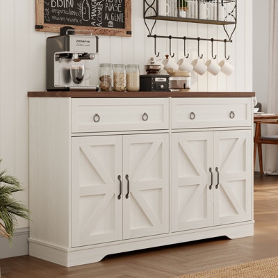 White Farmhouse Sideboard Mesh Doors Wood Top Kitchen Pantry