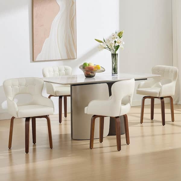 White Faux Leather Dining Set, Swivel Splayed Wood Toned Legs