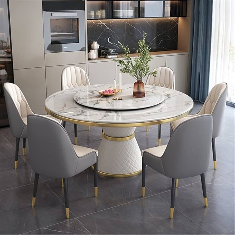 White Fluted Pedestal Dining Table with Ribbed Texture and Lazy Susan