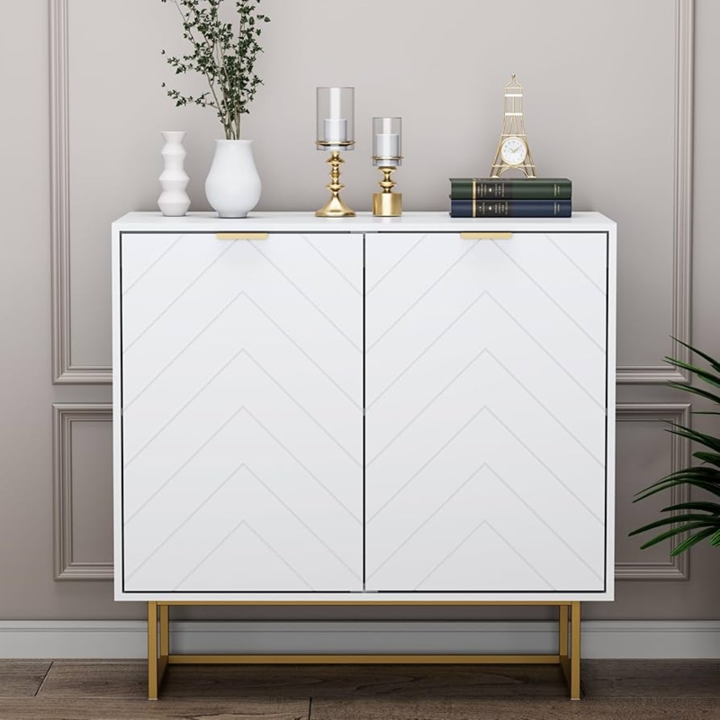 White Fluted Sideboard Buffet with Gold Stiletto Legs