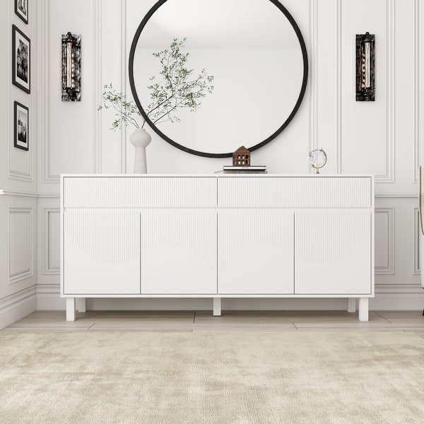 White Four Door Buffet with Gold Hardware and Framed Panels