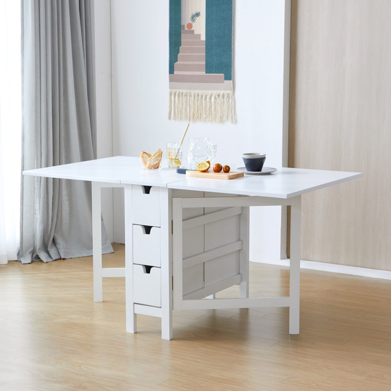 White Gate-Leg Dining Table with Six Drawers, Drop-Leaf, Expandable
