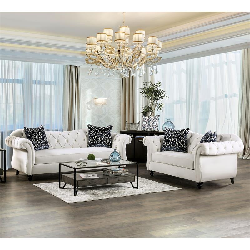 White Glam Tufted Loveseat Chesterfield Style with Clear Acrylic Legs