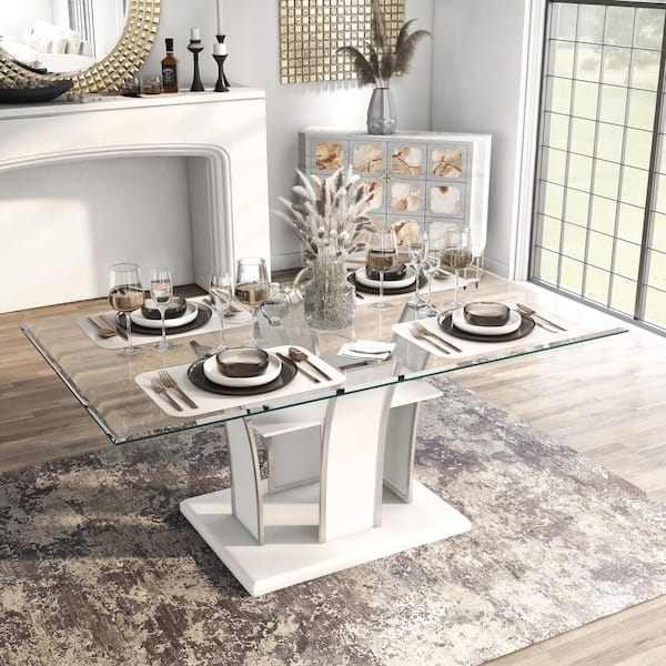 White Gloss Dining Table featuring Glass Insert and Chrome Loop Legs