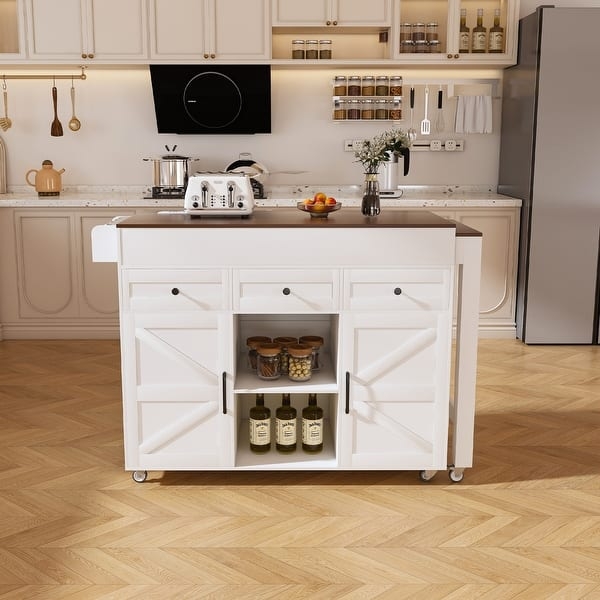 White Island With Rolling Cart Pull-Out Table Power Outlet