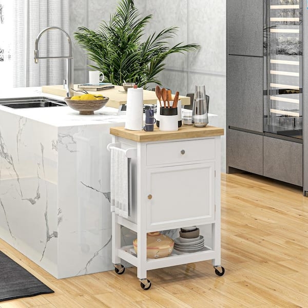 White Kitchen Cart Narrow Profile Black Hardware Wood Top
