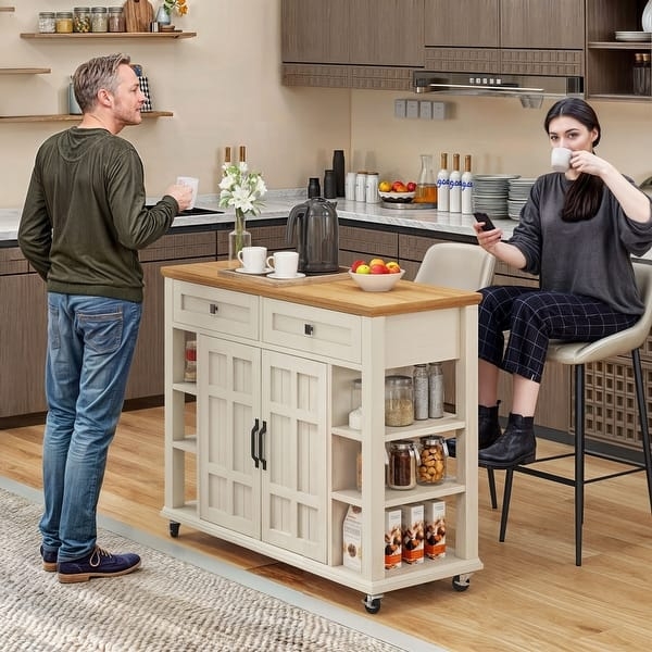 White Kitchen Cart, Slatted Shelves, Wood Top, Towel Bar
