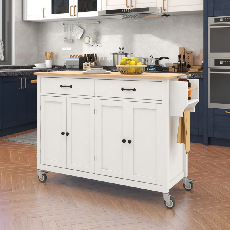 White Kitchen Cart Stainless Steel Top Integrated Spice Rack