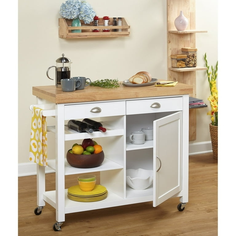 White Kitchen Cart with Butcher Block Top and Silver Hardware