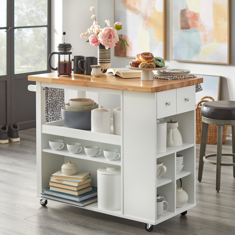 White Kitchen Cart with Butcher Block Top & Side Spice Rack