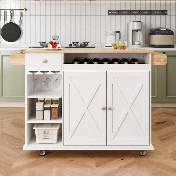 White Kitchen Cart with Drop Leaf Top, Drawers, and Mobile Casters