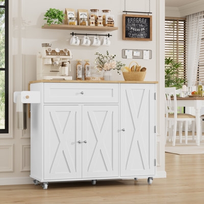 White Kitchen Cart with Drop Leaf Top, Locking Casters, and Towel Rack