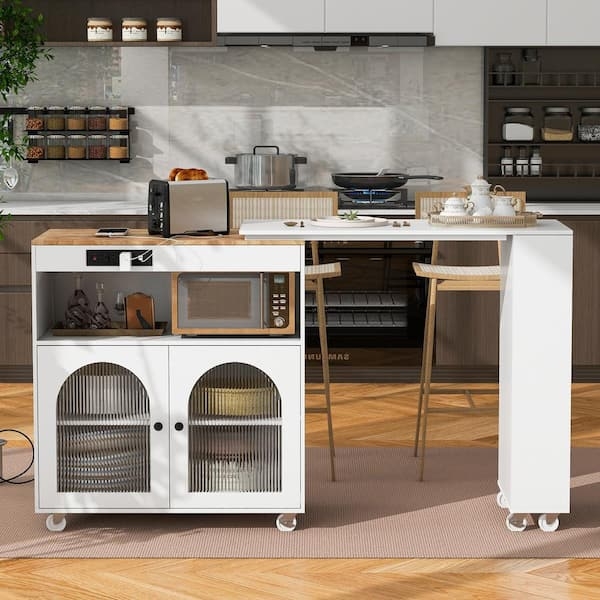 White Kitchen Cart with Fluted Glass Doors and Power Outlet