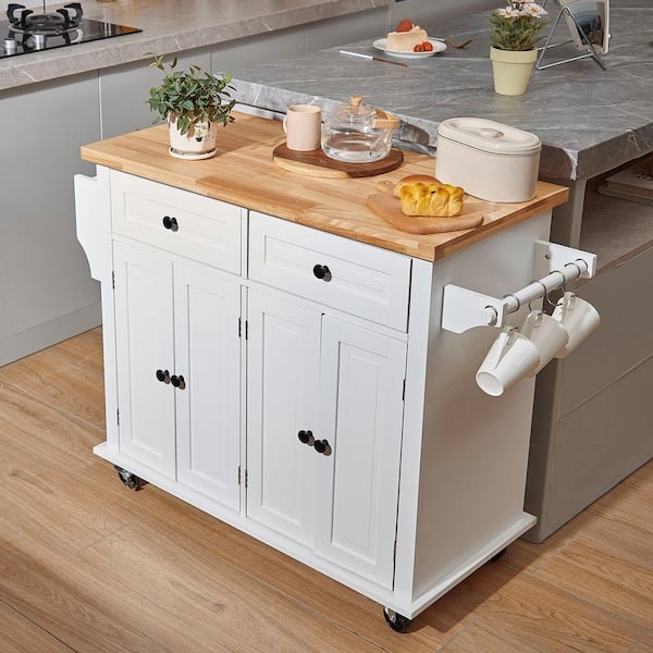 White Kitchen Cart with Natural Wood Top and Towel Rack