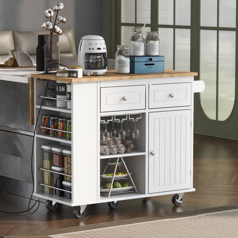 White Kitchen Cart with Wine Rack, Wood Top & Integrated Power Outlet