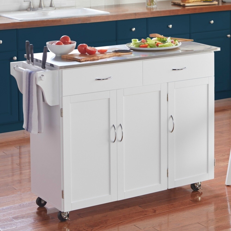 White Kitchen Cart with Wood Countertop, Storage Cabinet, and Drawer