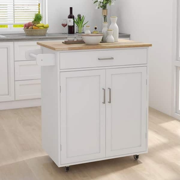 White Kitchen Cart With Wood Top Towel Rack Shaker Doors