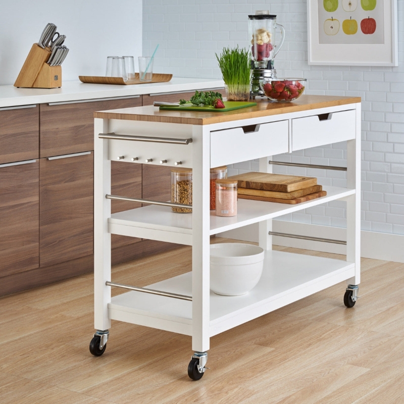 White Kitchen Island Cart with Bamboo Top and Slat Shelf
