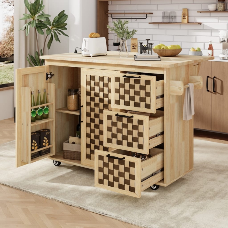 White Kitchen Island Cart with Dual Drop Leaf & Locking Casters