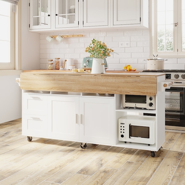 White Kitchen Island Cart with Expandable Wood Top and Open Shelving