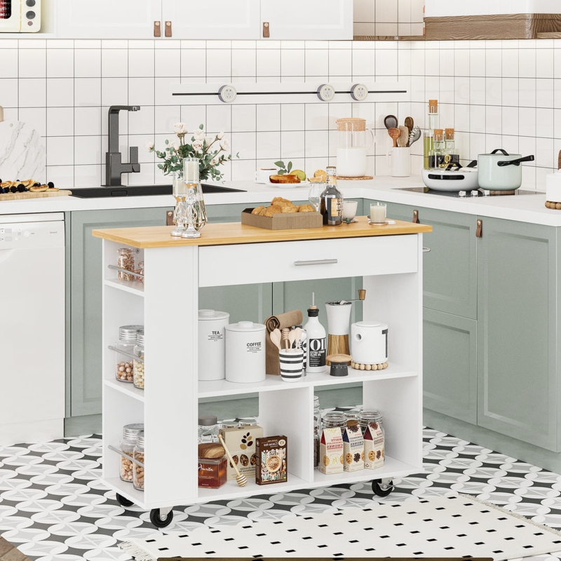 White Kitchen Island Cart with Side Spice Rack and Tiered Open Shelving