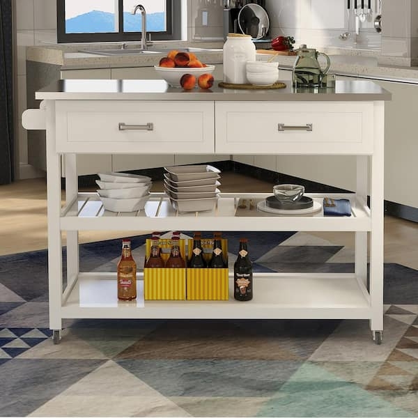 White Kitchen Island Cart with Stainless Steel Top and Two Drawers