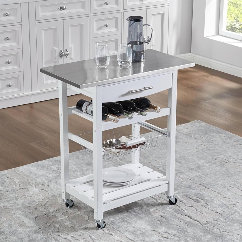 White Kitchen Island Cart with Stainless Steel Top and Wire Basket