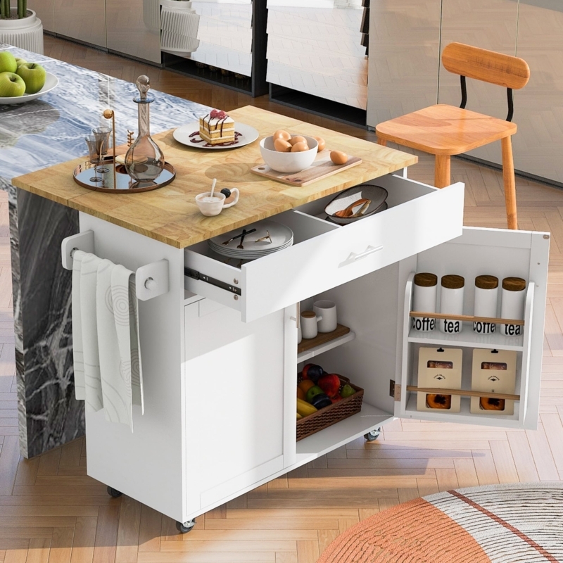 White Kitchen Island Cart with Wheels, Drop Leaf & Spice Rack