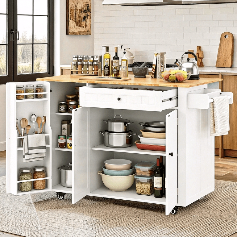 White Kitchen Island, Drop Leaf, Removable Tray, Casters