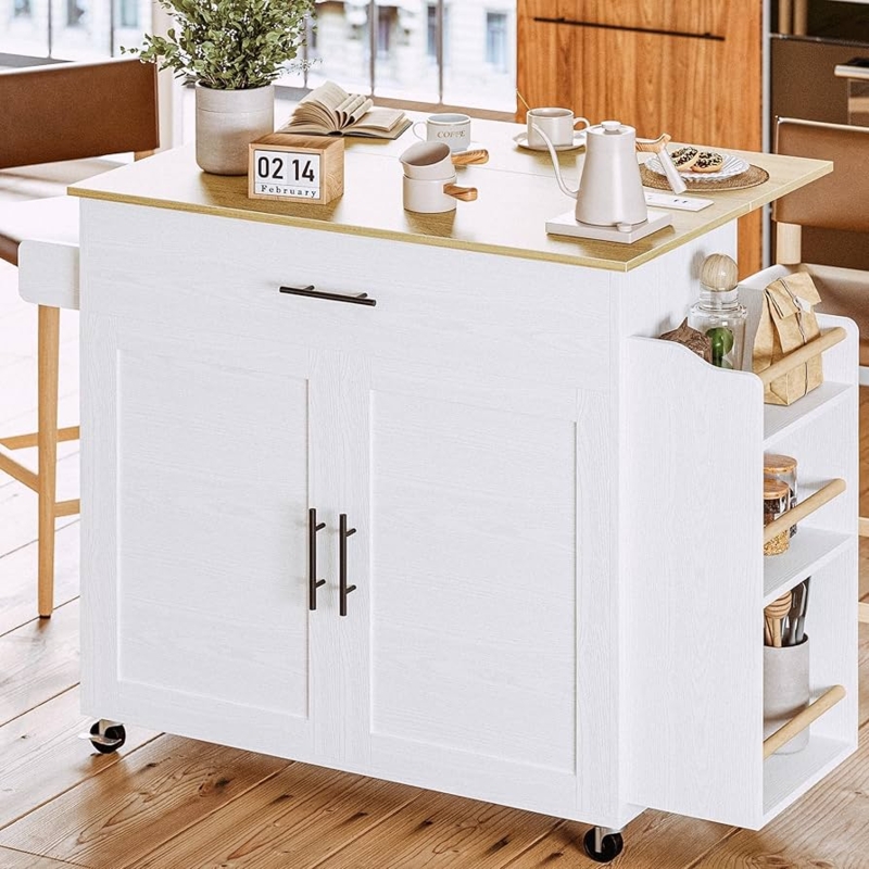White Kitchen Island Drop Leaf Rolling Cart with Storage