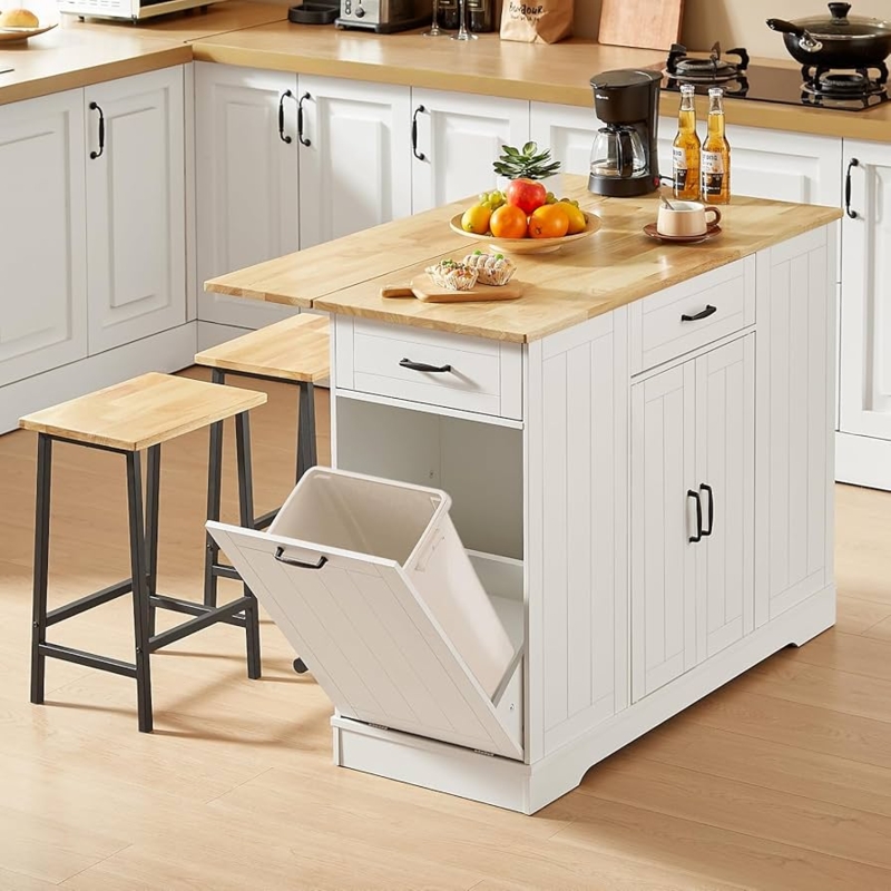 White Kitchen Island Drop Leaf with Spice Rack and Shaker Doors
