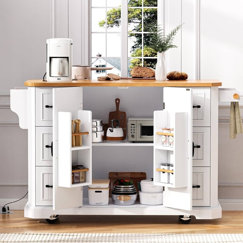 White Kitchen Island Fluted Texture Power Outlet Drop Leaf Cart