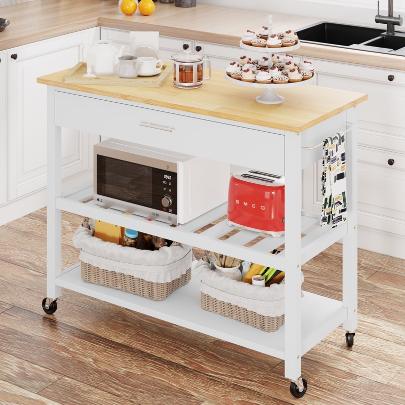 White Kitchen Island Mobile Storage Cart with Butcher Block Style Top