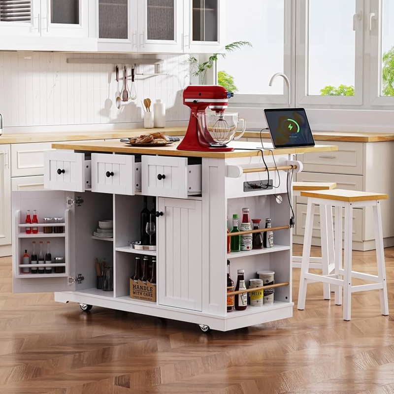 White Kitchen Island on Five-Caster Base with Side Spice Racks