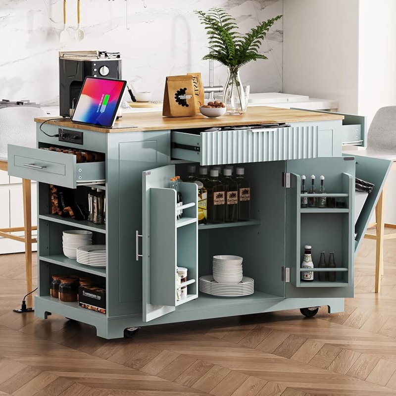White Kitchen Island on Five Wheels, Fluted Panels, Wood Top